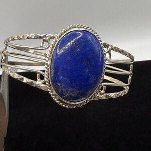 Lapis Lazuli Cuff Bracelet – Silver Tone, Adjustable 7.5”